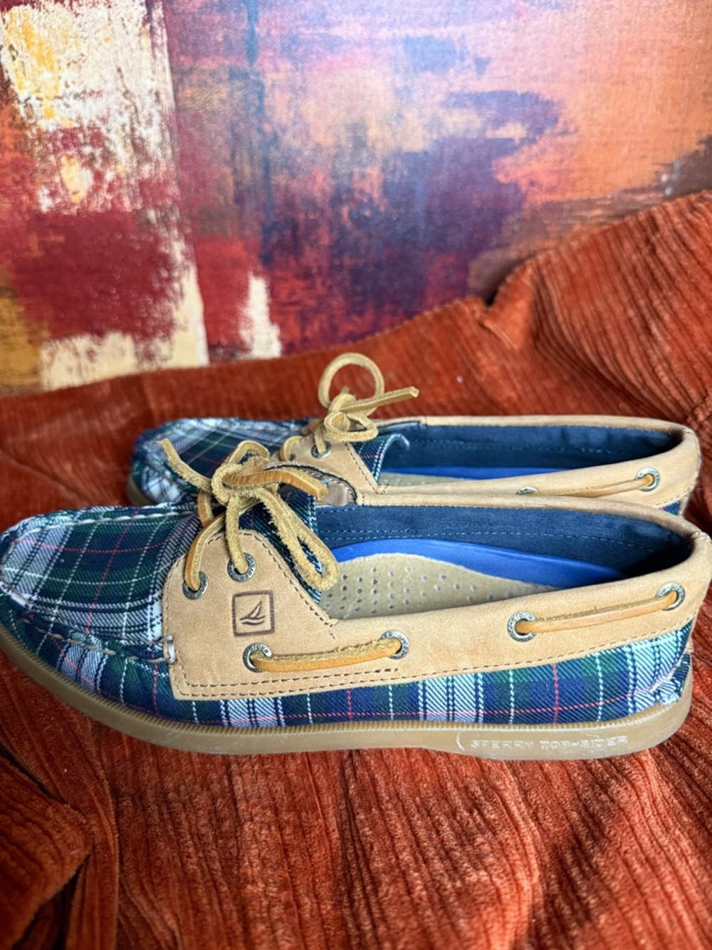 Sperry Plaid Moccasin Boat Shoes with Tan Suede Trim